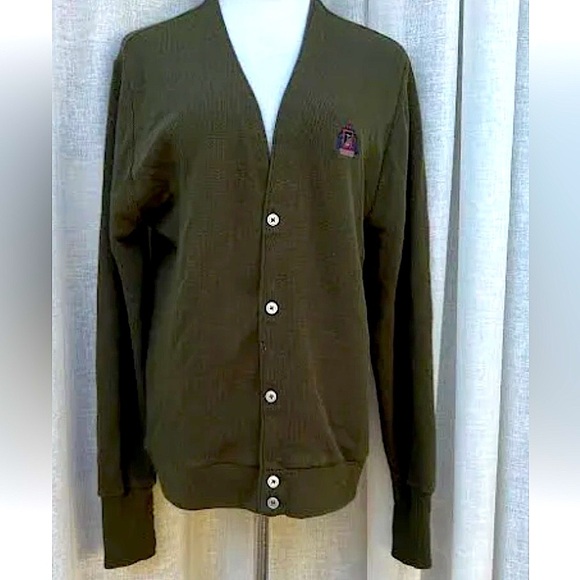 Izod Vintage Men's (Medium) Dark Green Eclectic Grandpa Preppy Cardigan Sweater - Picture 7 of 12